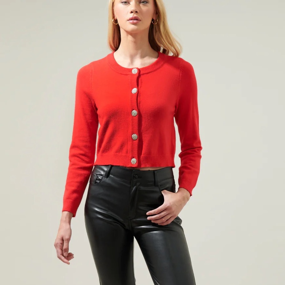 Sugar lips red cardigan jeweled buttons round neck